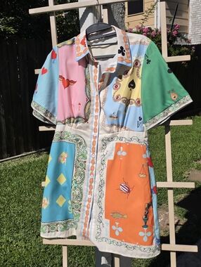 Cute Rummy Card printed linen-blend shirt dress US S